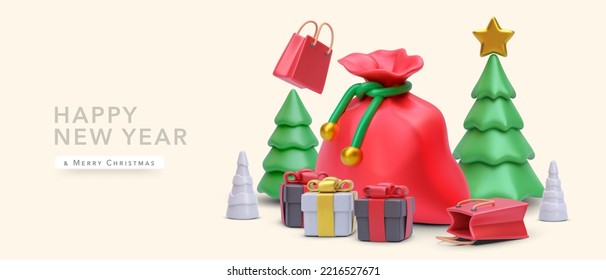 Christmas and New Year background with 3d realistic Christmas trees, gift, bag with presents. Vector illustration