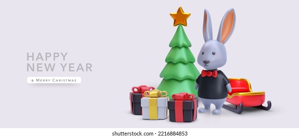 Christmas and New Year background with 3d realistic Christmas trees, gift, New Year's sleigh, black bunny. Vector illustration