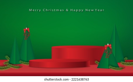 Christmas and New Year background with 3d podium,Christmas trees paper cut on green background,X mas pine fir lush tree. Vector Winter holiday composition for Greeting card, banner, poster