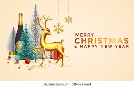 Christmas and New Year background. Abstract Christmas composition with Christmas trees, Deer and Holiday elements. Bright Winter holiday composition. Greeting card, banner, poster. Vector Illustration