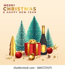 Antecedentes de Navidad y Año Nuevo. Resumen de la composición navideña con árboles navideños y elementos navideños. Brillante composición de vacaciones de invierno. Tarjeta de saludo, cartel, afiche. Ilustración vectorial