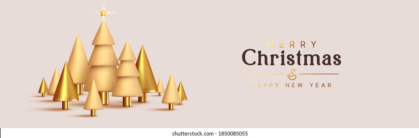 Christmas and New Year background. Abstract design metallic 3d conical Christmas tree. Horizontal header for the site. Xmas objects. Bright Winter holiday composition. Greeting card, banner, poster