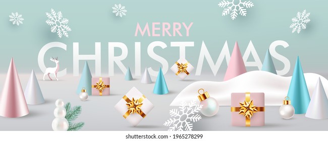 Christmas, New Year background. Abstract design with 3d conical Christmas tree, gift boxes, snowflakes. Xmas horizontal header for the site. Winter holiday composition. Greeting card, banner, poster