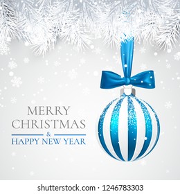 Christmas and New Year background with christmas ball, fir branch and snow for xmas design. Vector illustration.