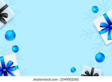 Christmas and new year background. Christmas ball and gift box on blue background. Winter holiday. Vector illustration