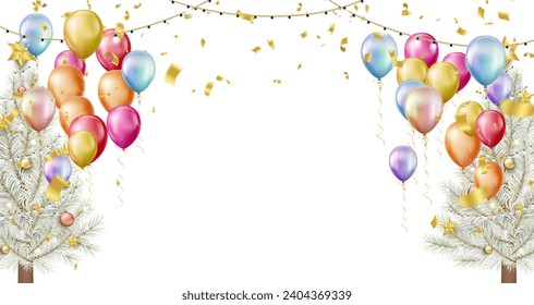 Christmas and New Year background with balloons, fir branches and confetti.