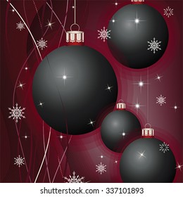 Christmas and New Year background with balls, snowflakes and ribbons.  Winter holiday greeting card, vector 