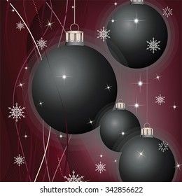 Christmas and New Year background with balls and ribbons.  Winter holiday greeting card, vector