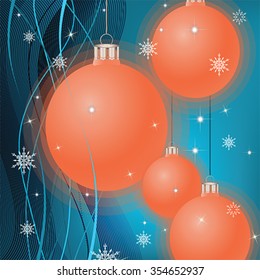 Christmas and New Year background with balls, snowflakes and ribbons.  Winter holiday greeting card, vector