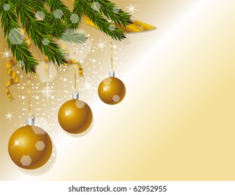 Christmas and New Year background with balls, snowflakes and ribbons.  Winter holiday greeting card, vector