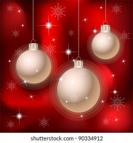 Christmas and New Year background with balls and snowflakes.  Winter holiday greeting card, vector