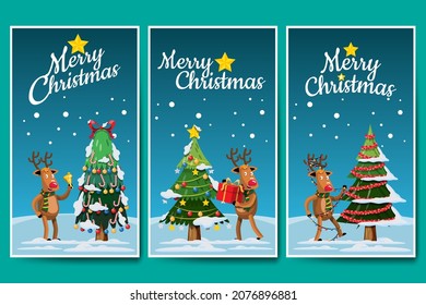Christmas and New Year background banner. Reindeer with Christmas tree and ornament. Reindeer decoration tree and hold gift box. Glass Ball hanging on ribbon. Artwork Greeting card, banner, poster 