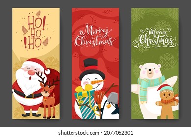 Christmas and New Year background banner. Santa claus, penguin, snowman, gingerbread and bear banner. Artwork for Greeting card, banner, poster, invitations, website and sale promotion. Vector design