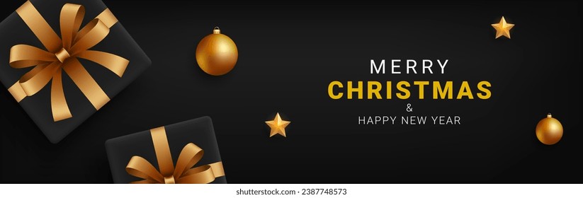 Christmas and new year background. Christmas banner design with golden balls, gift boxes and star decoration. Black holiday background template. Vector illustration