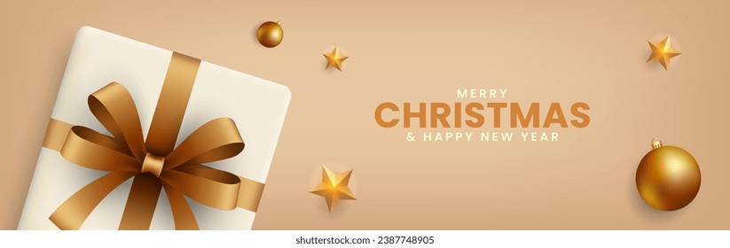 Christmas and new year background. Christmas banner design with golden balls, gift boxes and star decoration. Beige holiday background template. Vector illustration