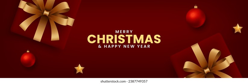 Christmas and new year background. Christmas banner design with gift boxes, balls and star decoration. Red holiday background template. Vector illustration
