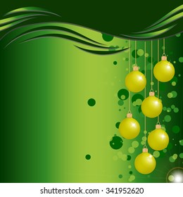 Christmas and New Year background with baubles and text space in green. Holidays congratulation card. Vector illustration Eps10