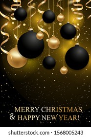 Christmas and New Year background with black and golden baubles Christmas balls, ribbons on black background. Glowing Xmas decoration. Winter holiday poster. Copy Space. Vector illustration.