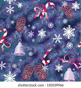 Christmas And New Year Background In Blue Colors - Fir Tree Texture With X-mas Accessories And Snowflakes - Seamless Pattern. 