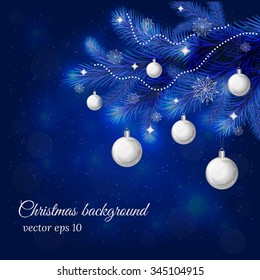 Christmas and New Year background with blue pine twigs, glossy balls, snowflakes.
