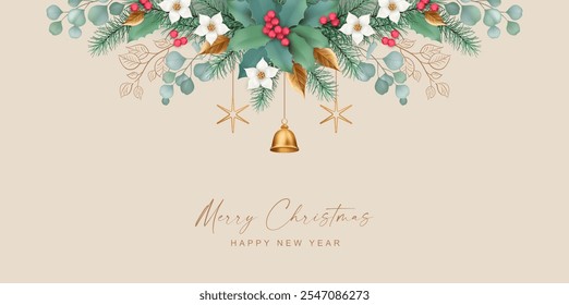 Christmas and New Year background. Christmas border of flowers, fir branches, golden leaves and Christmas bell