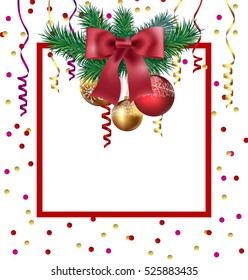 Christmas And New Year background with Christmas branches and Christmas balls. Template Vector.