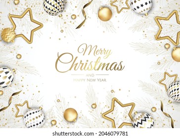 Christmas and New Year background. Bright Winter holiday composition. Greeting card, banner, poster