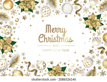 Christmas and New Year background. Bright Winter holiday composition. Greeting card, banner, poster