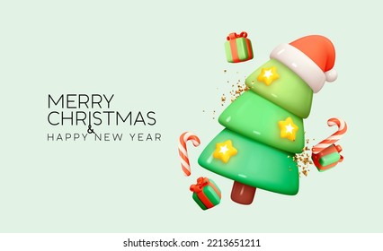 Christmas and New Year background. Bright Xmas holiday composition. Christmas tree, gift box, candy cane, bright glitter stars, gold confetti.  Realistic 3d cartoon style design. vector illustration