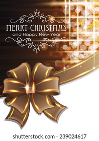 Christmas and New Year background with brown bow and ribbon