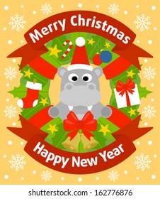 Christmas and New Year background card with hippopotamus