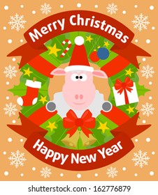 Christmas and New Year background card with sheep