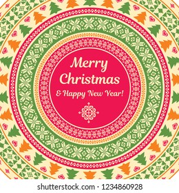 Christmas and New Year background. Circular knitted pattern. Design template for invitation card, banner, label and other