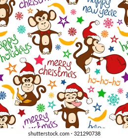 Christmas and New Year background. Colorful seamless pattern with funny monkey and greeting text. Symbol of the New Year 2016.
