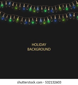 Christmas and new year background with colorful shiny lights on black. Vector template for card or party invitation.