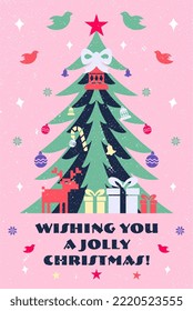 Christmas and New Year background. Complete with elements like a Christmas tree, reindeer, bird, bell, stick, and snowflakes on a Grunge Texture Background.