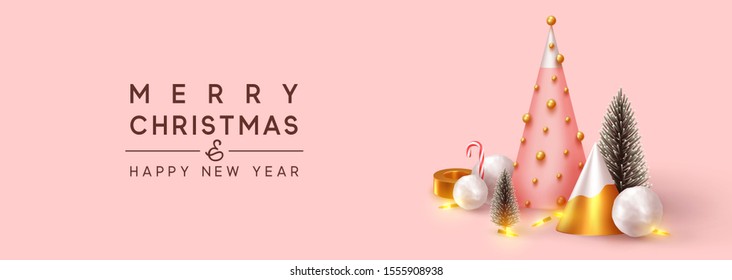 Christmas and New Year background. Composition metallic pine, green spruce trees. round spheres of snowball. New Year cone shape tree. Horizontal banner, Xmas poster, greeting card, header for website