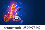 Christmas and New Year background in computer tech 3d geometric abstract style. Neon isometric christmas tree with decoration balls.