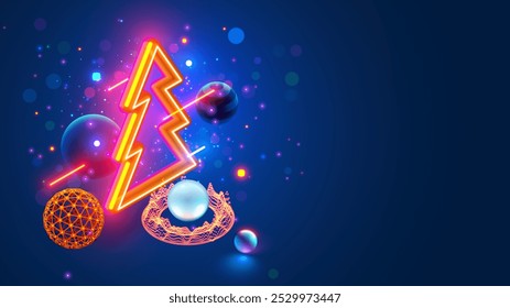 Christmas and New Year background in computer tech 3d geometric abstract style. Neon isometric christmas tree with decoration balls.