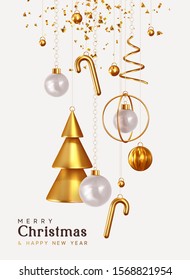 Christmas and New Year background. Conical Abstract Gold Christmas Trees. Xmas Balls hanging on ribbon. Bright Winter holiday composition. Greeting card, banner, poster