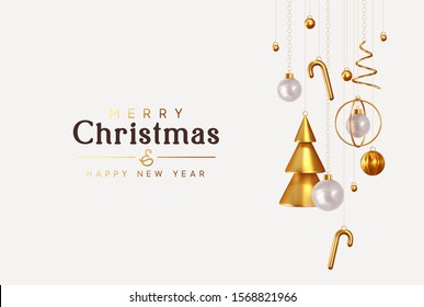 Christmas and New Year background. Conical Abstract Gold Christmas Trees. Xmas Balls hanging on ribbon. Bright Winter holiday composition. Greeting card, banner, poster