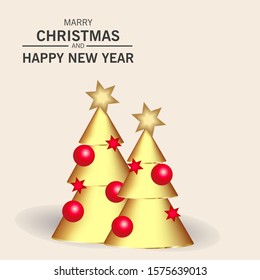 Christmas and New Year background. Conical golden Christmas trees with red balls on a gently pink background. Greeting card vector