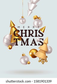 Christmas and New Year background. Conical Abstract Gold Christmas Trees. Xmas Balls hanging on ribbon. Bright Winter holiday composition. Greeting card, banner, poster