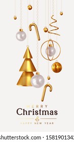 Christmas and New Year background. Conical Abstract Gold Christmas Trees. Xmas Balls hanging on ribbon. Bright Winter holiday composition. Greeting card, banner, poster