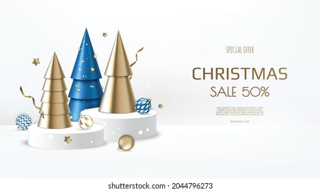 Christmas and New Year background. Conical Gold Christmas Trees. Winter holiday composition. Greeting card, banner, poster, header for website