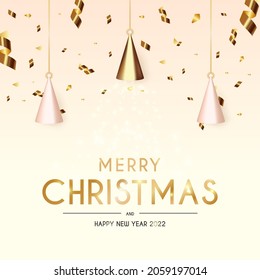 Christmas and New Year background. Conical Abstract Gold Christmas Trees. Snowflakes hanging on ribbon. Bright Winter holiday composition. Greeting card, banner, poster. Vector