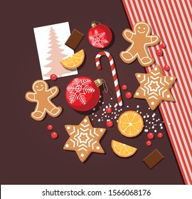 Christmas or New Year background. Cookies, sweet food and red christmas balls wiht postcard on table. Vector template 