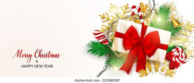 Christmas and New Year background. Covered gift box with beautiful red ribbon bow and twisted candy lollipop. Bright winter holiday art composition. Greeting card, banner, poster. Vector illustration