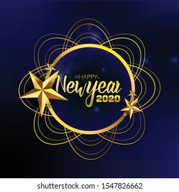 Christmas and New Year background decorated with realistic golden ball, pine branches, light bulbs garland and bokeh lights