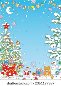 Christmas and New Year background with a decorated fir tree, garlands and a magic bag of winter holiday gifts for little kids surrounded by snowy prickly branches, vector cartoon illustration